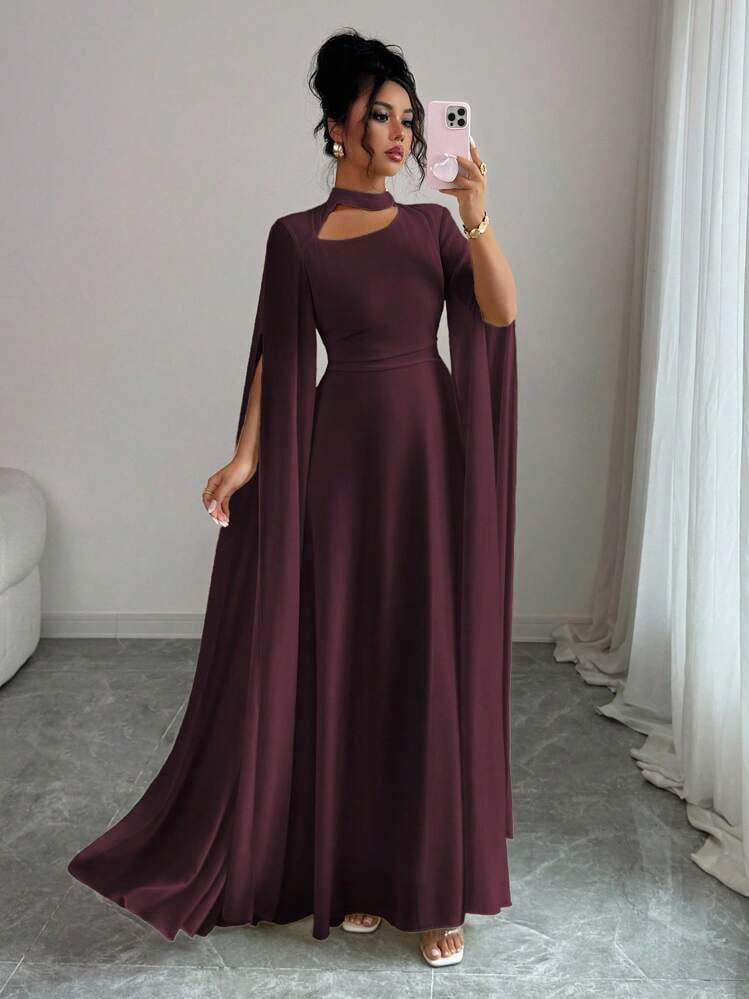 thumbnail image 6 of Maroon Elegant Long Sleeve Cape Dress with Keyhole Neckline, 6 of 8