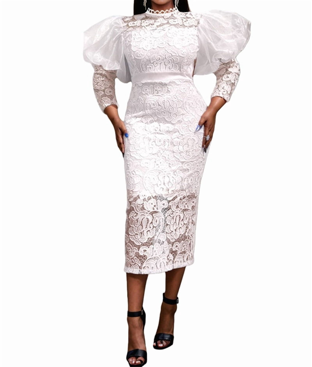thumbnail image 3 of Women'S Elegant Floral Lace Long Sleeve Bodycon Pencil Dress for Evening Events White XXL, 3 of 9