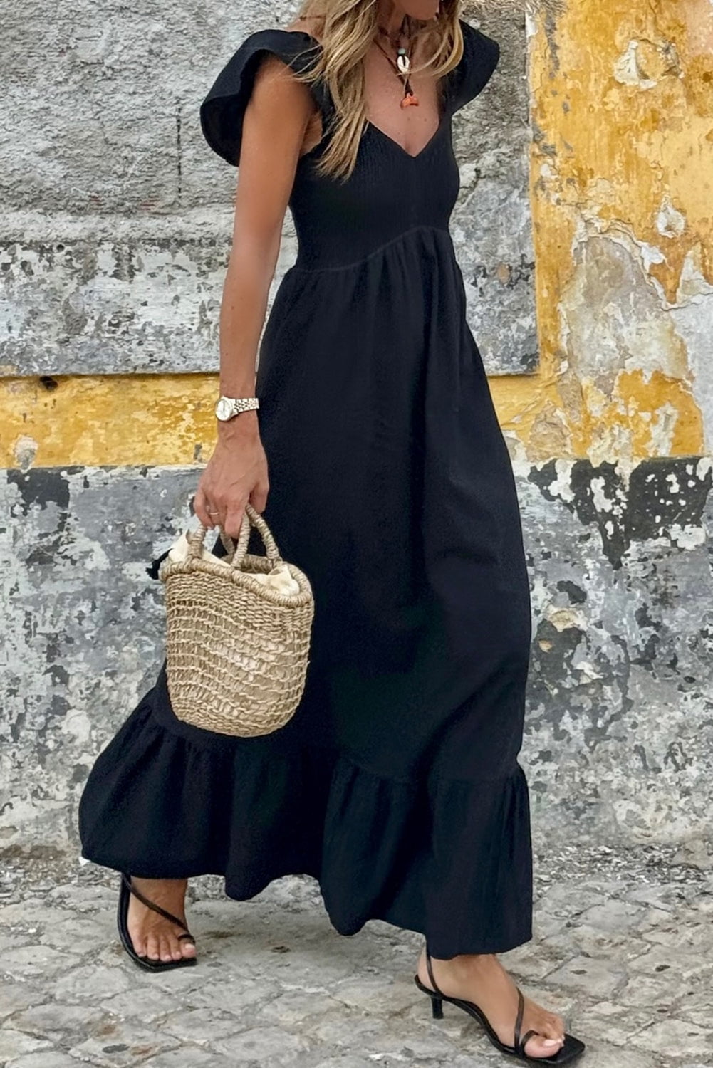 thumbnail image 2 of Black V Neck Flutter Sleeve Smocked Bodice High Waist Ruffle Maxi Dress, 2 of 19