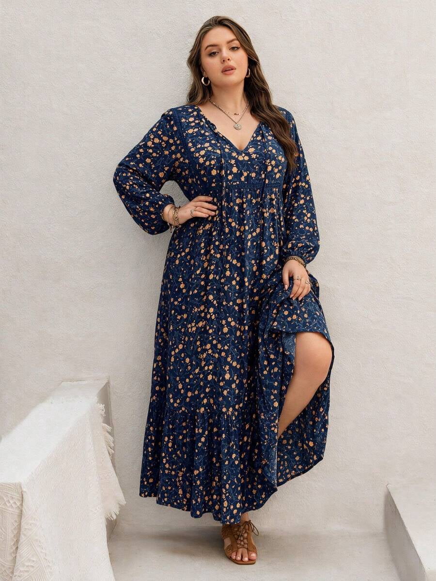 thumbnail image 2 of Dark Blue Plus Size Autumn Floral V-Neck Long Sleeve Tiered Maxi Dress, 2 of 9