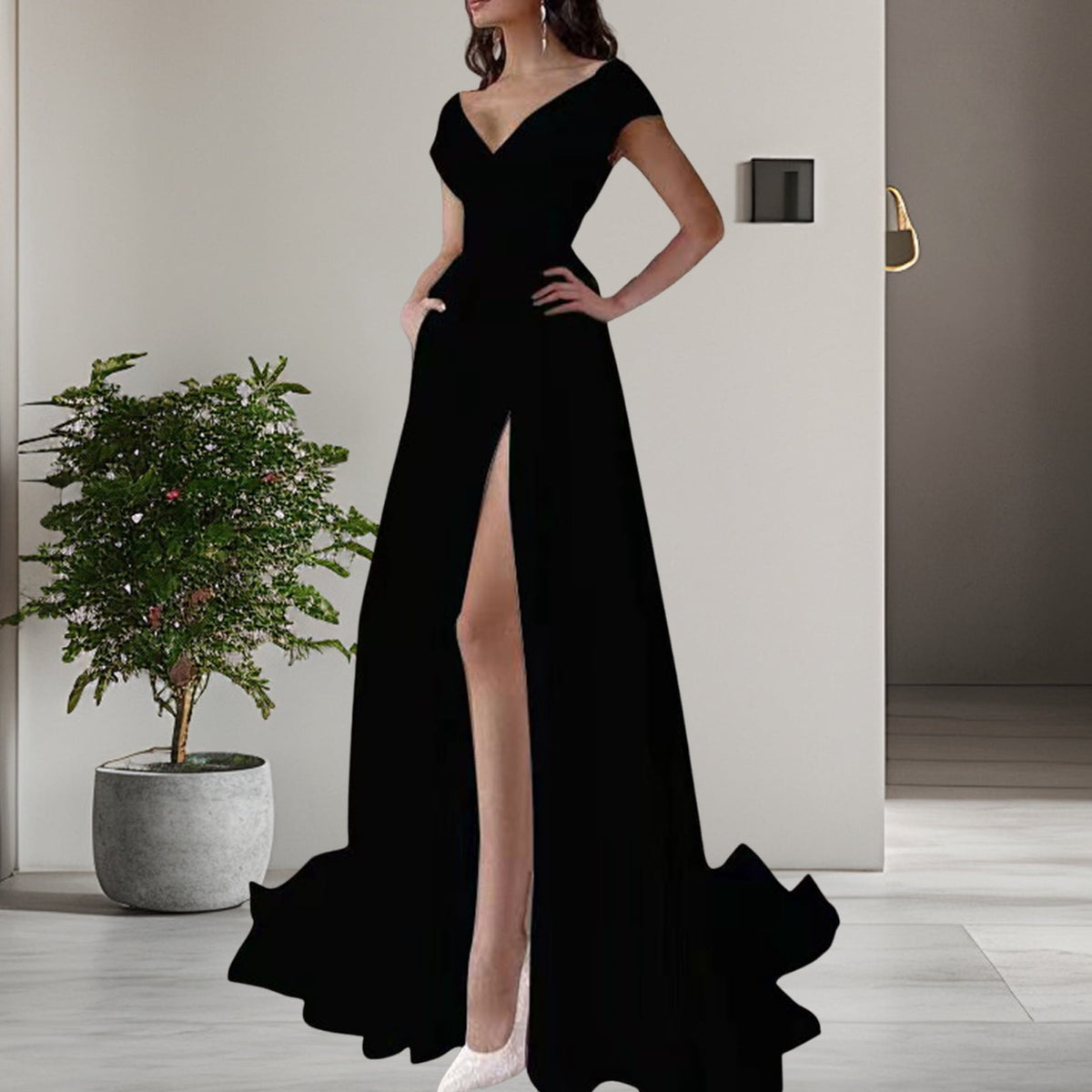thumbnail image 4 of Joernso Women's Off Shoulder High Split Maxi Dress V Neck Long Prom Dress Formal Cocktail Party Evening Gown with Train, 4 of 8