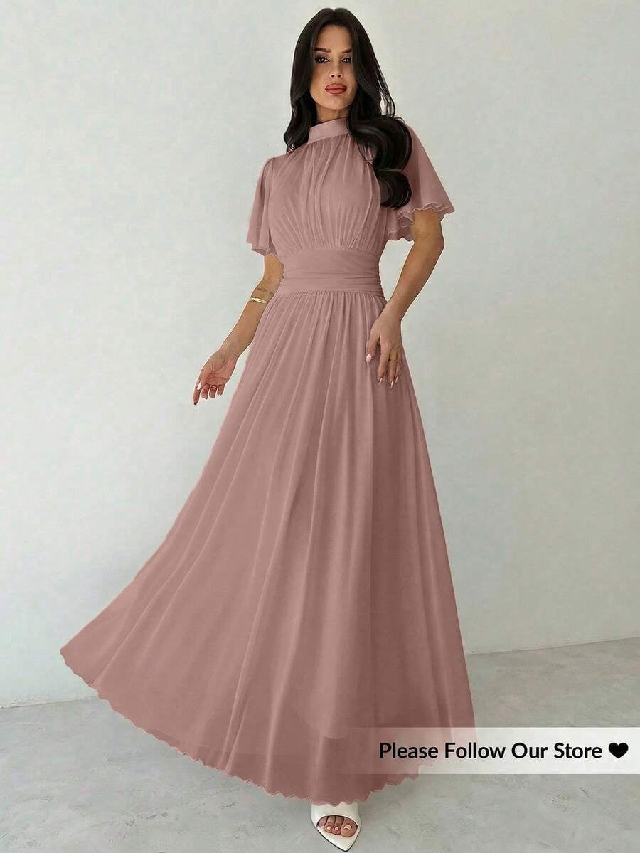 thumbnail image 2 of Womens Elegant Dusty Pink Pleated High Waist A-Line Maxi Dress, Stand, 2 of 6