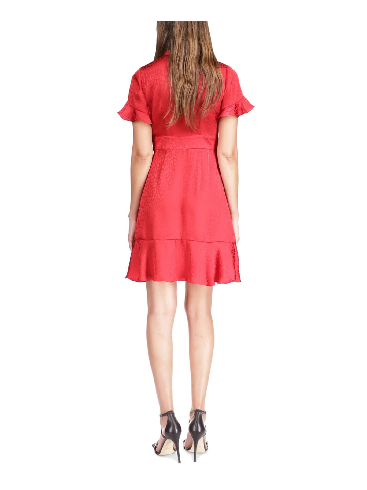 thumbnail image 2 of MICHAEL MICHAEL KORS Womens Red Ruffled Pullover Tie Detail Short Sleeve V Neck Short Party Fit + Flare Dress S, 2 of 2