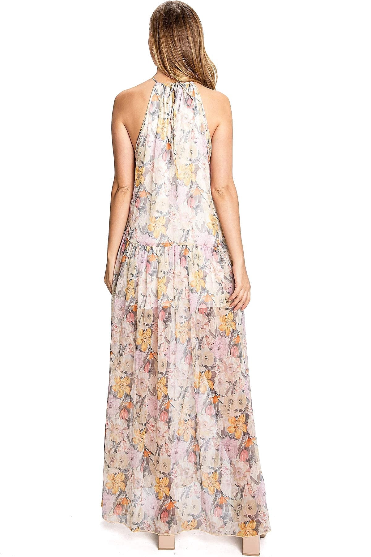 thumbnail image 3 of Aakaa Womens Formal Floral Halter Chiffon A-Line Maxi Dress (Small, Sand), 3 of 5
