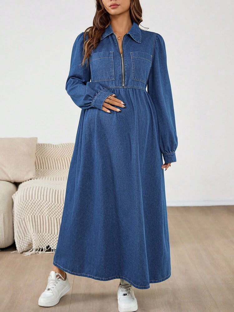 thumbnail image 6 of Blue Maternity Denim Dress with Front Zipper and Collar, 6 of 7