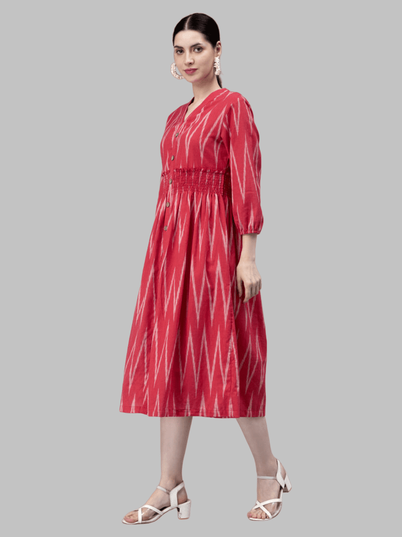 thumbnail image 2 of Entellus Ikkat Flared Knee Length Red Dress with V-Neck, Cotton Fabric, 2 of 4