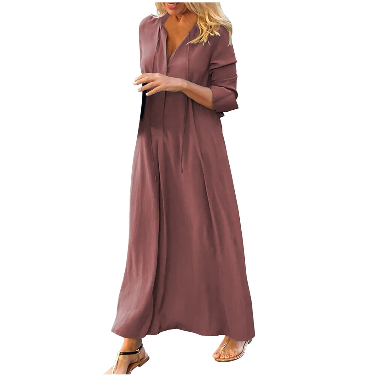 thumbnail image 2 of AXXD dress,Fashion Casual Solid V-Neck High Waist Long Sleeve Long Dress evening dresses for women elegant lace dress for women, 2 of 6