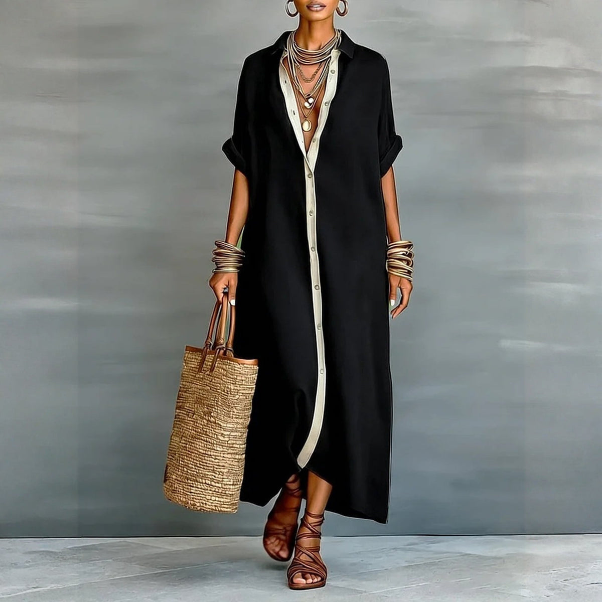 thumbnail image 2 of Cotton Linen Shirt Dress Contrast Trim Button Down Maxi Dress Casual Loose Fit Short Sleeve Tunic Dress Boho Long Sundress, 2 of 4