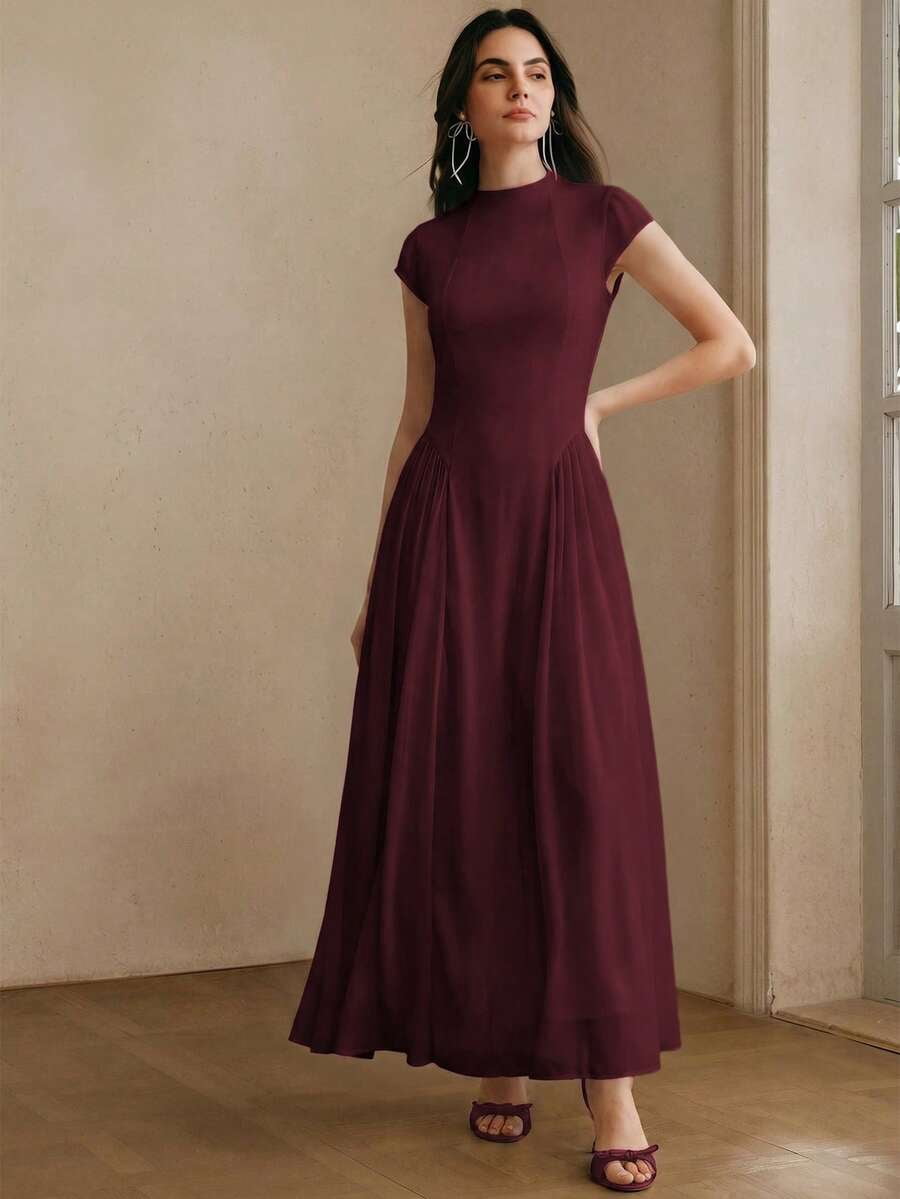 thumbnail image 5 of Womens Elegant Burgundy Cap Sleeve High Neck A-Line Long Pleated Maxi Dress, 5 of 6