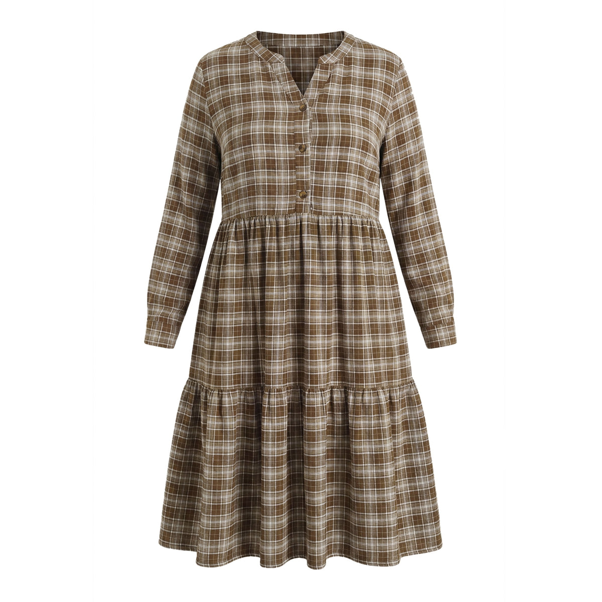 thumbnail image 6 of GRACE & GRANDEUR Women's Plus Size Halloween Outfits Plaid A-Line Dress Button Front Notch Neck Long Sleeve Tiered Casual Dresses with Pockets 1X Brown, 6 of 8