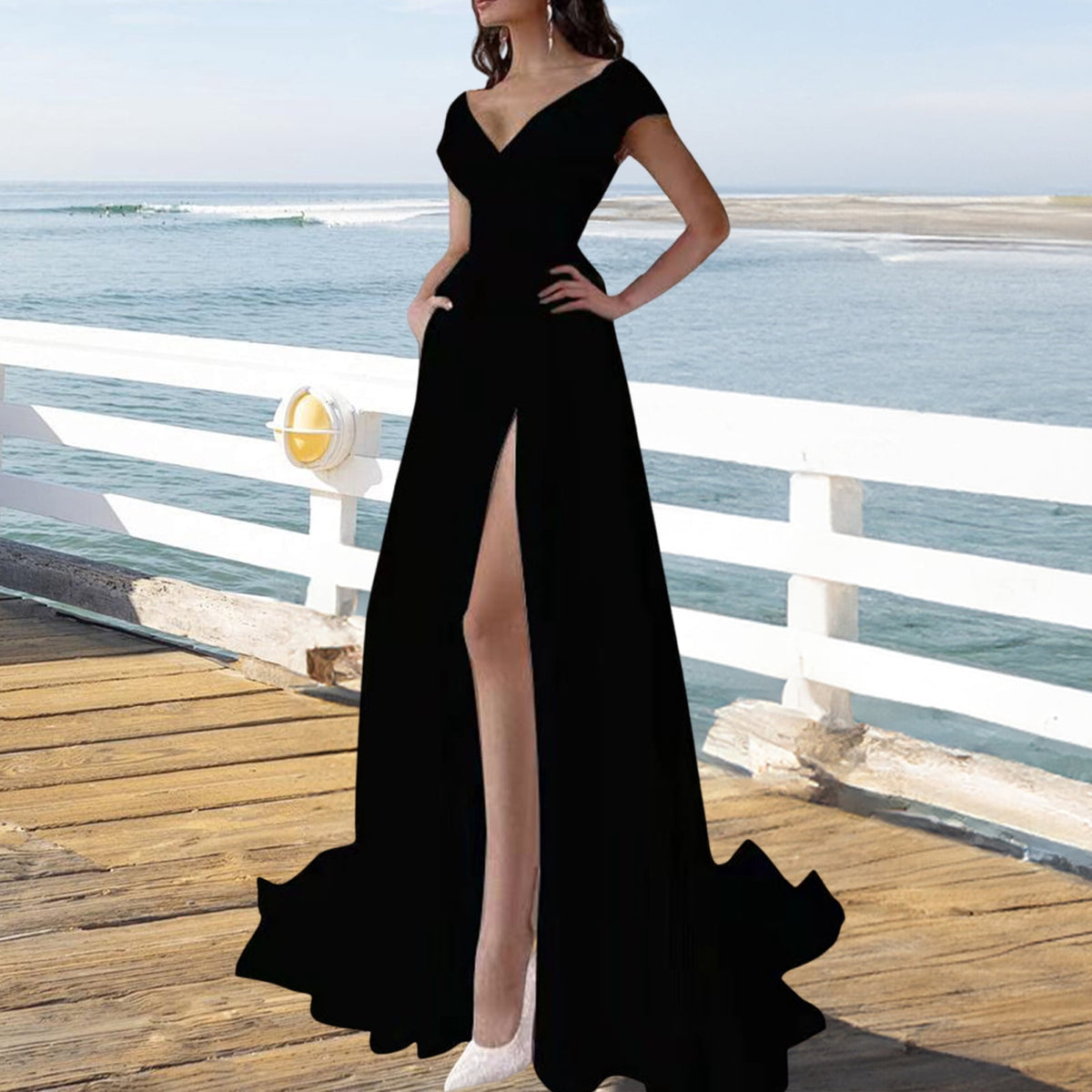 thumbnail image 3 of Joernso Women's Off Shoulder High Split Maxi Dress V Neck Long Prom Dress Formal Cocktail Party Evening Gown with Train, 3 of 8