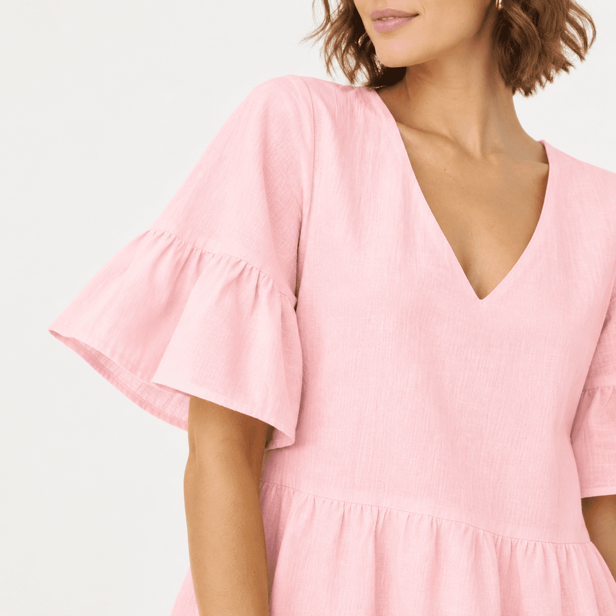 thumbnail image 2 of Women's Pink V-Neck Bell Sleeve Ruffle Hem Mini Shift Dress with Pockets, 2 of 5