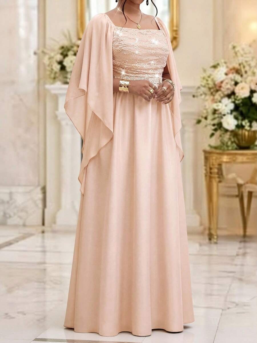 thumbnail image 3 of Plus Size Elegant Baby Pink Evening Dress With Lace Bodice And Cape, 3 of 7