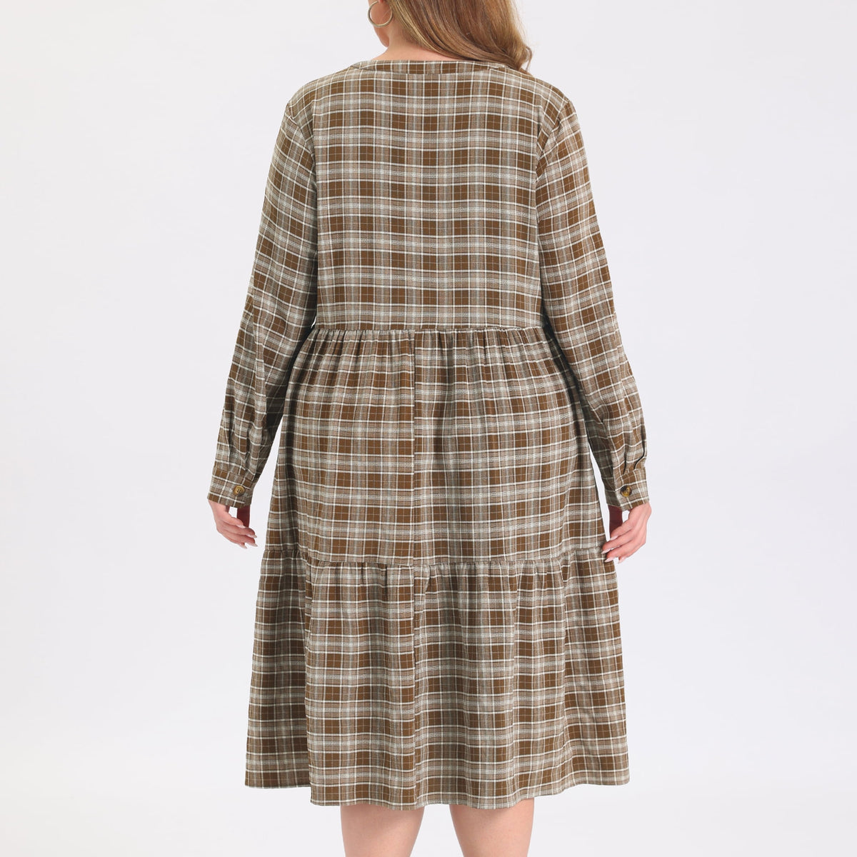 thumbnail image 5 of GRACE & GRANDEUR Women's Plus Size Halloween Outfits Plaid A-Line Dress Button Front Notch Neck Long Sleeve Tiered Casual Dresses with Pockets 1X Brown, 5 of 8