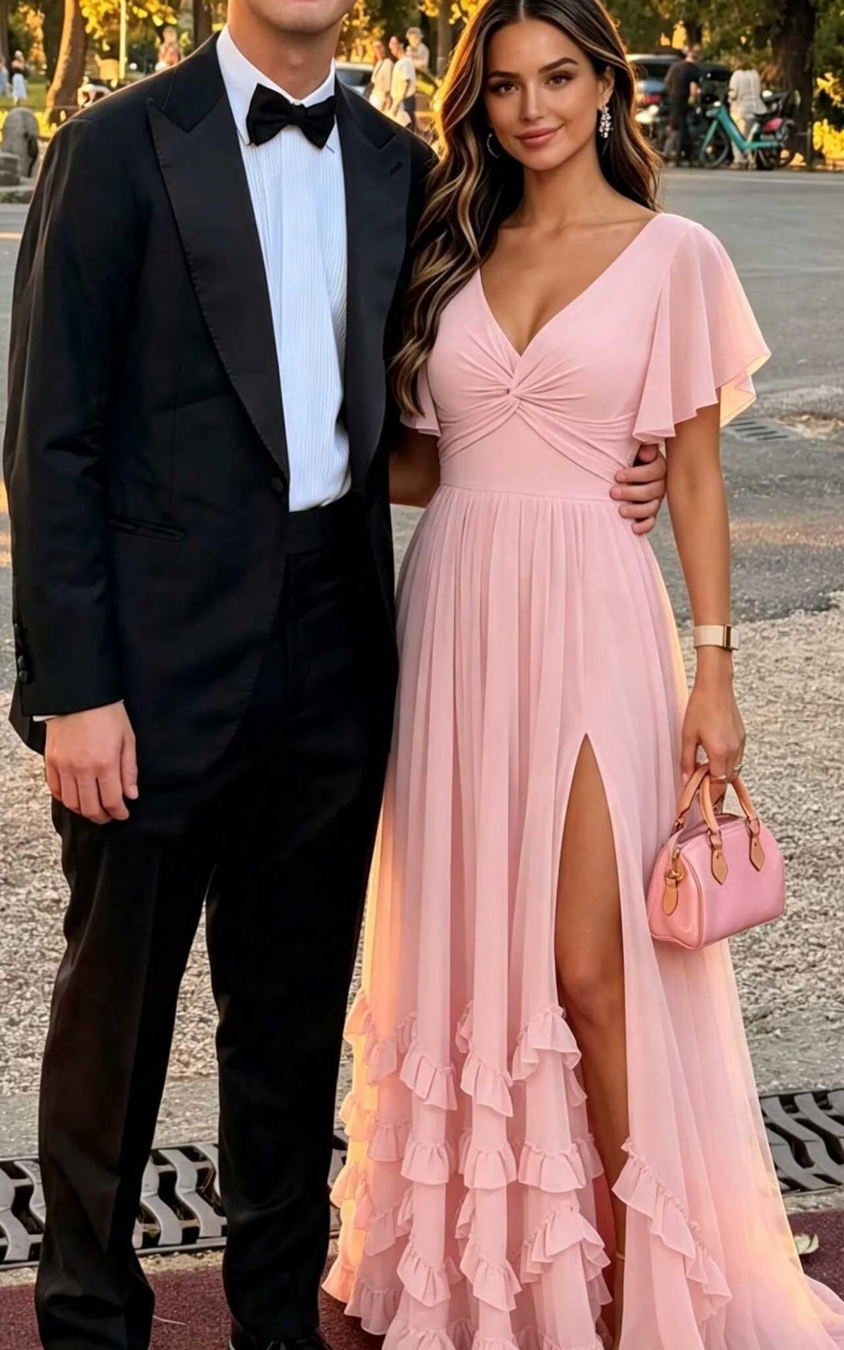 thumbnail image 7 of optkeat Chiffon V Neck Ruffle Bridesmaid Dress, Flutter Sleeve Split Floor Length Formal Gown, 7 of 7