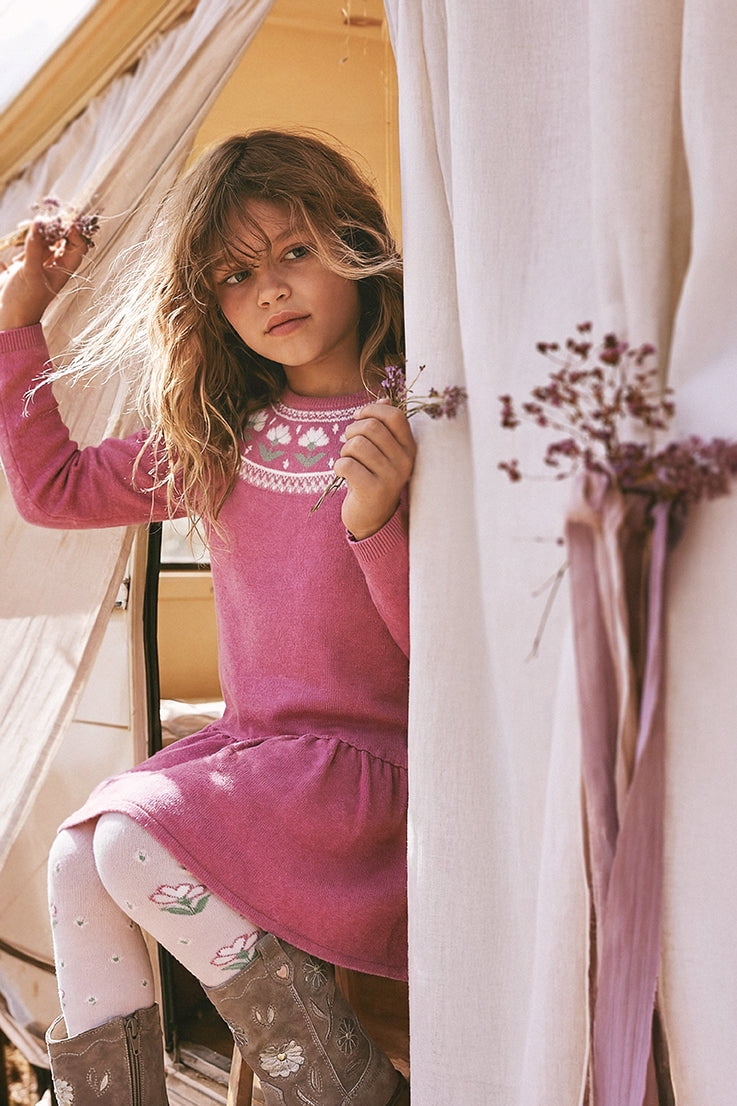 thumbnail image 2 of Deux Par Deux Girl Knitted Dress With Flower Jacquard Raspberry Pink, 2 of 7