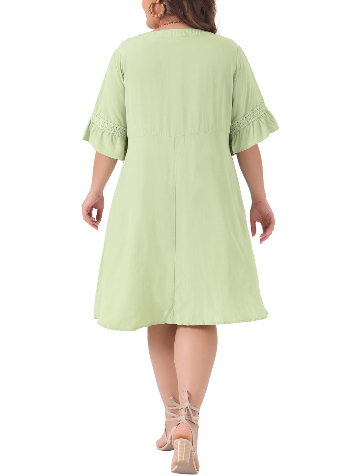 thumbnail image 3 of Agnes Orinda Women's Plus Size Ruffle Sleeve Lace Insert Tassel Bohemian Midi Dress 2X Light Green, 3 of 6