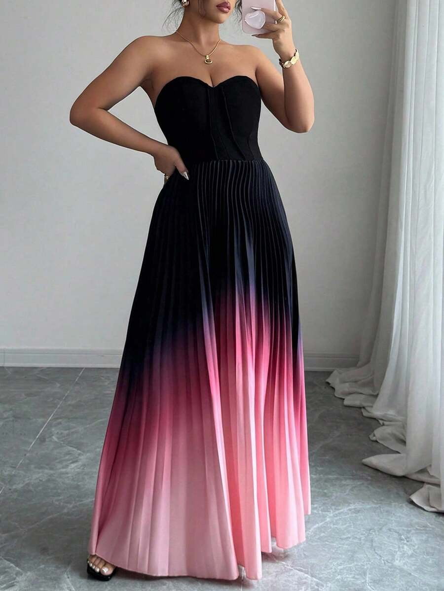 thumbnail image 6 of Multicolor Plus Size Strapless Pleated Ombre Maxi Evening Dress, 6 of 6