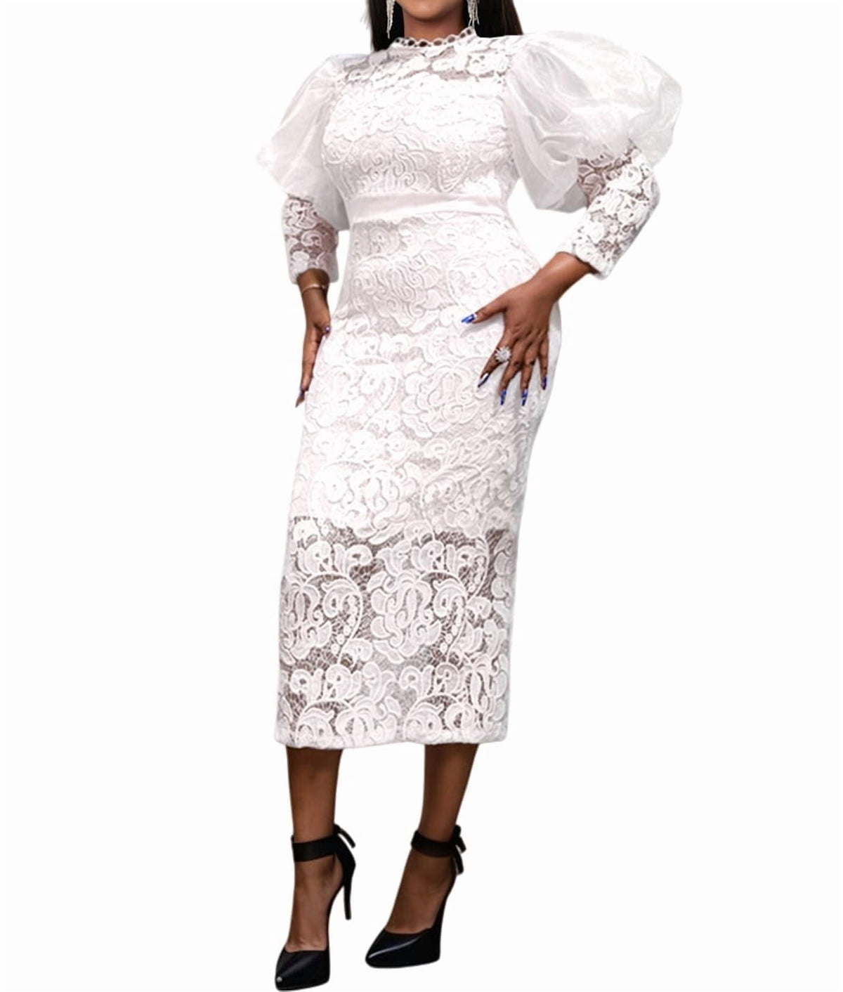 thumbnail image 2 of Women'S Elegant Floral Lace Long Sleeve Bodycon Pencil Dress for Evening Events White XXL, 2 of 9