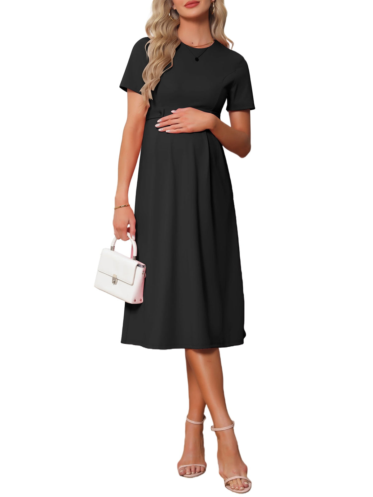 thumbnail image 2 of INSPIRE CHIC Women's Maternity Dress A Line Crewneck Short Sleeves Stretchy Summer Office Work Midi Pregnancy Dresses S Black, 2 of 6