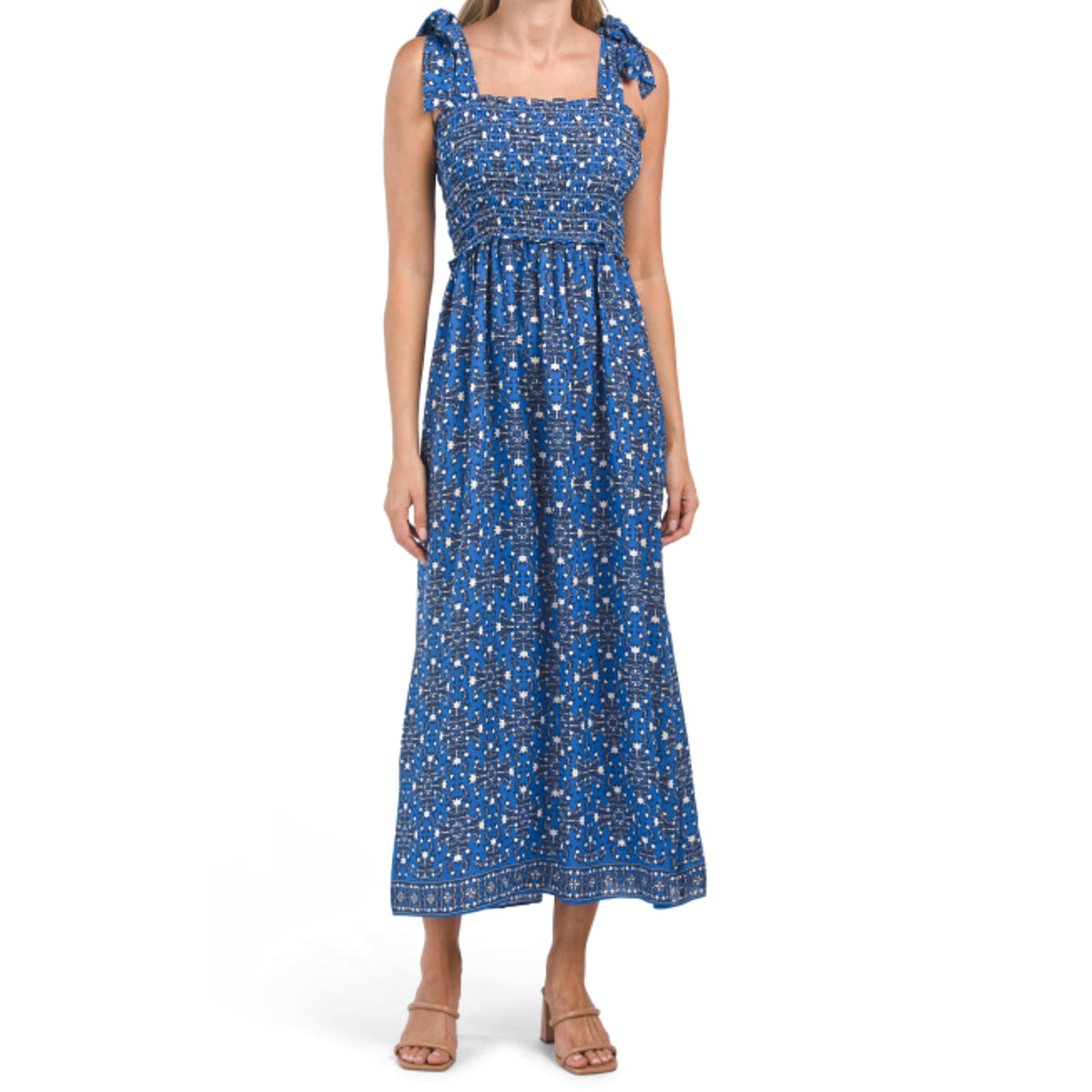 thumbnail image 2 of Max Studio Women's Tie Strap Smocked Bodice Floral Print Maxi Dress-Blue / S, 2 of 5