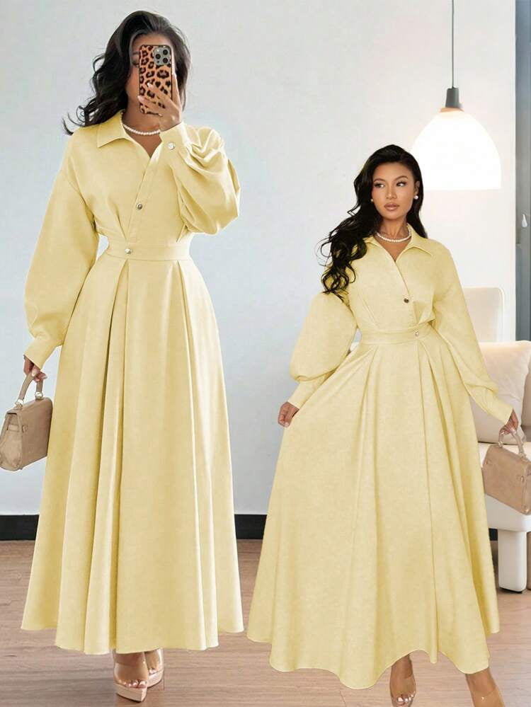 thumbnail image 6 of Yellow Long Sleeve A-Line Vacation Dress with Waist Gathered, 6 of 6