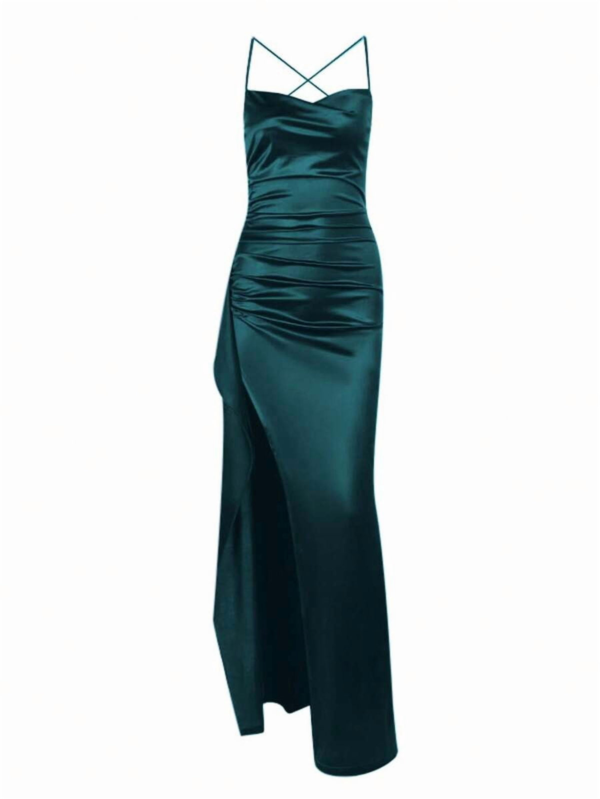 thumbnail image 5 of Womens Dark Green Satin Slip Dress, Elegant High Slit Maxi Gown For Party, 5 of 10