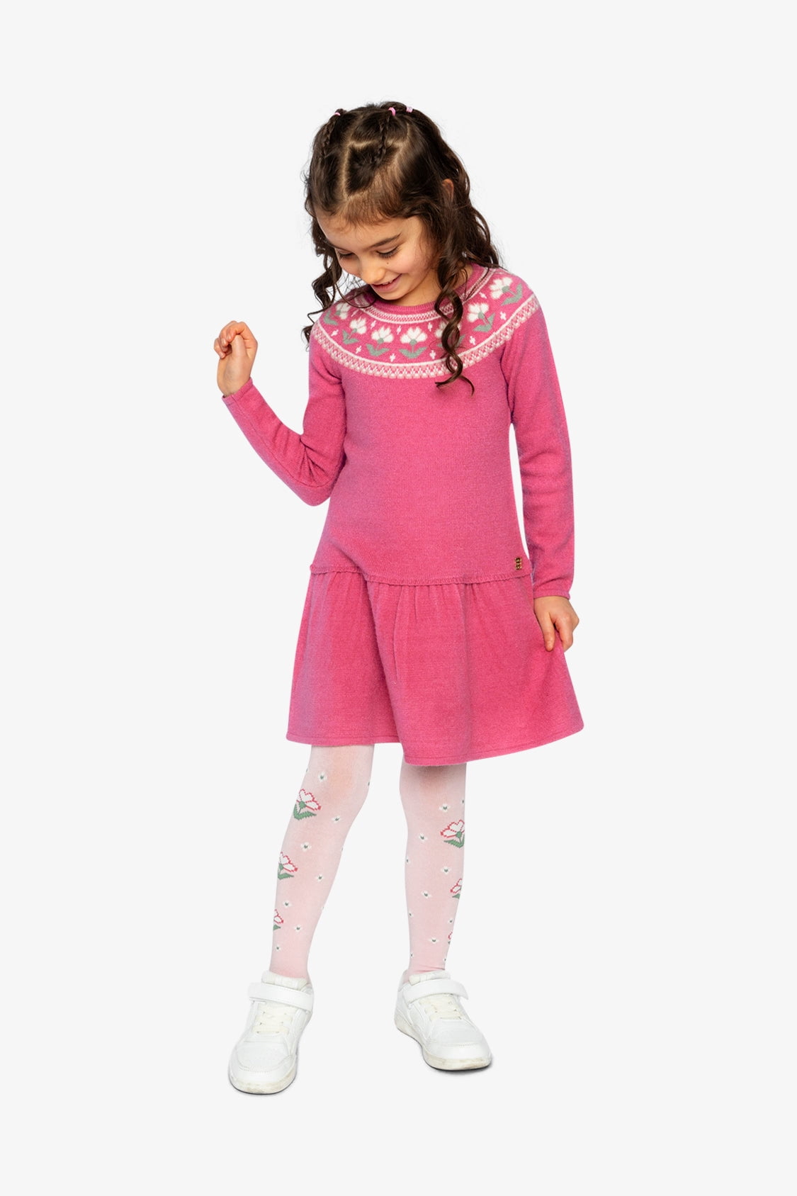 thumbnail image 3 of Deux Par Deux Girl Knitted Dress With Flower Jacquard Raspberry Pink, 3 of 7