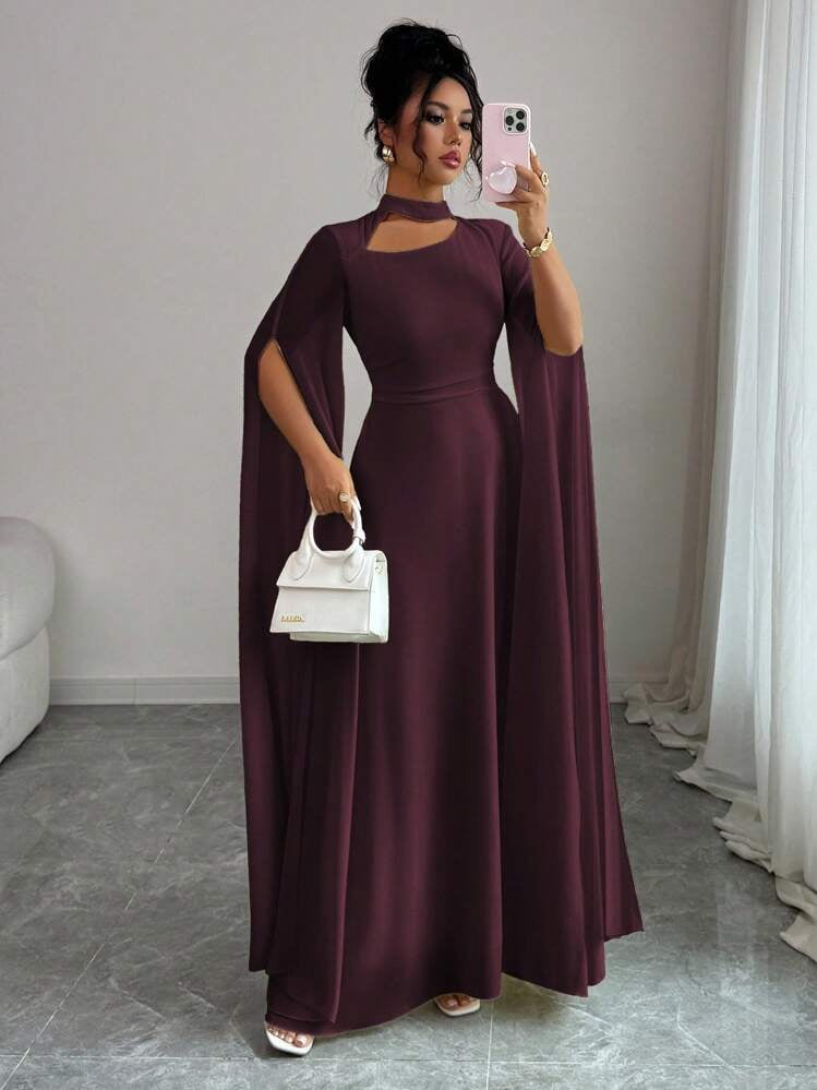 thumbnail image 4 of Maroon Elegant Long Sleeve Cape Dress with Keyhole Neckline, 4 of 8