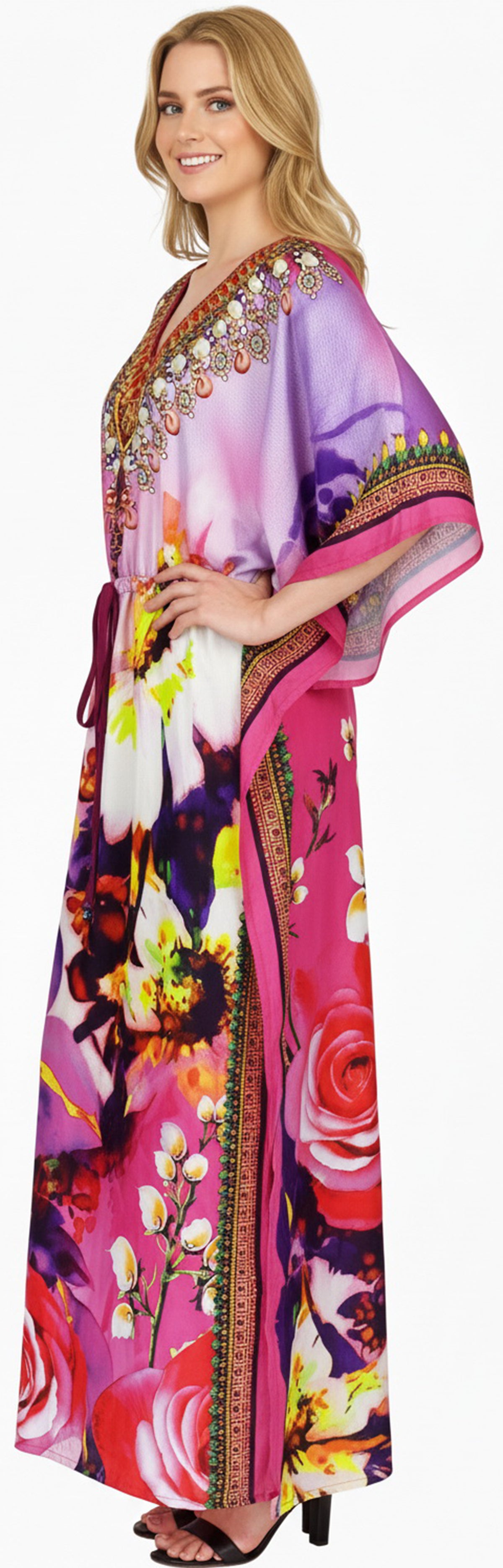 thumbnail image 3 of HAPPY BAY Women's Summer African Beach Maxi Plus Size Ethnic Print Caftan Casual Slit Dress Loungewear Dashiki Dresses for Women 2X-3X Rose, Blossom, 3 of 5