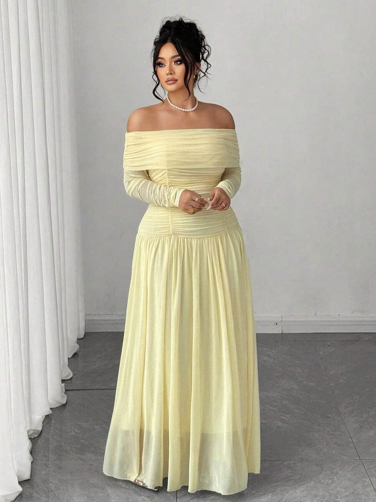 thumbnail image 3 of Elegant Yellow Off-Shoulder Long Sleeve Ruched Bodycon Maxi Dress, 3 of 5