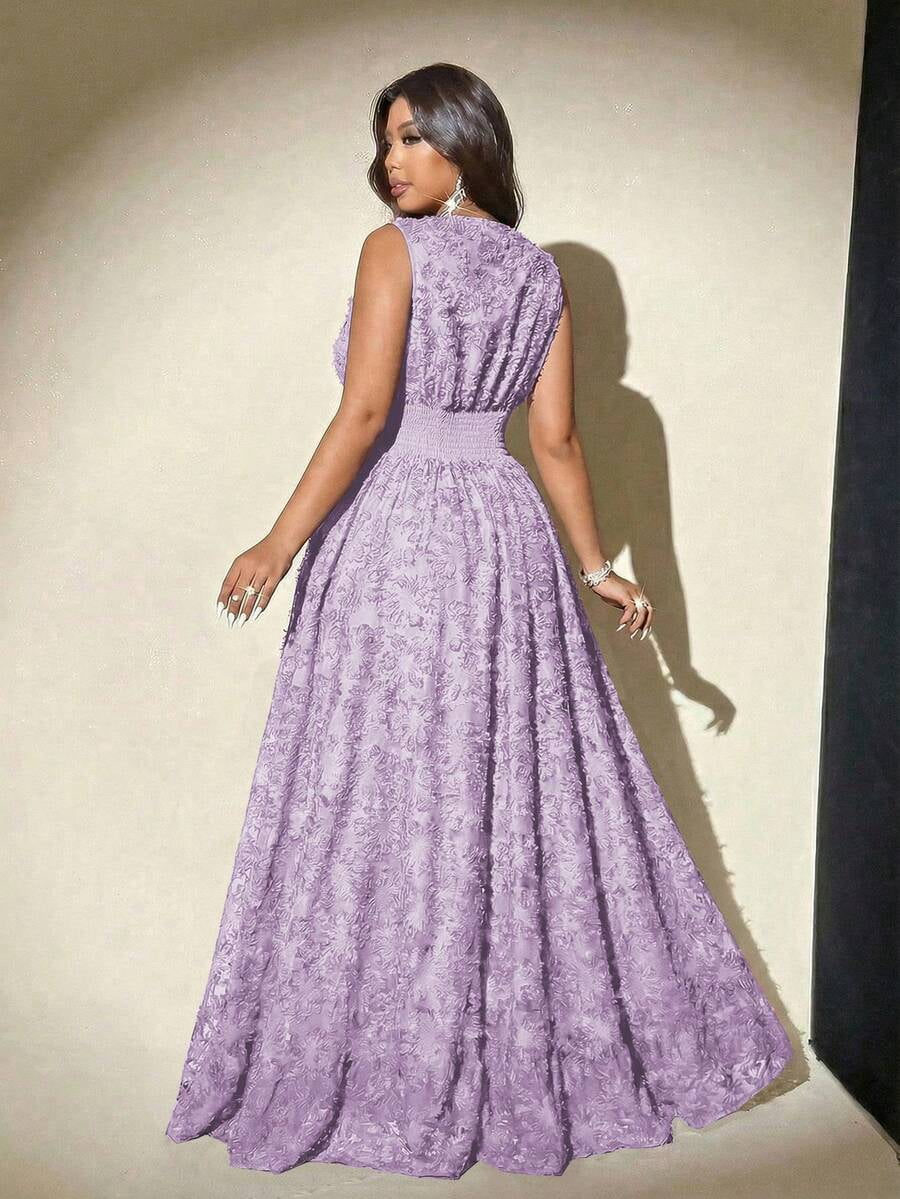 thumbnail image 6 of Plus Size V-Neck Waist Lace Slim Elegant Dress - Purple, 6 of 7