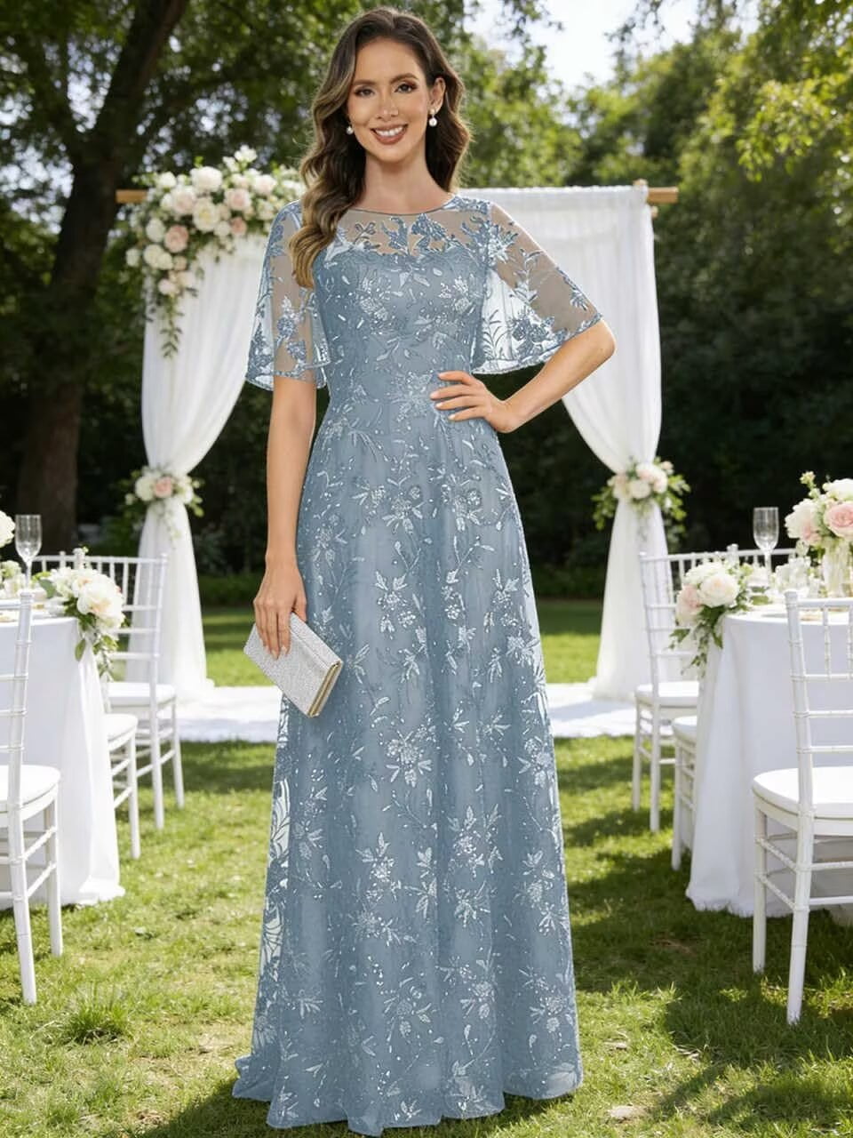 thumbnail image 7 of optkeat Sparkly Sequin Lace Mother of The Bride Dresses Long Flutter Sleeves Formal Evening Gown, 7 of 7
