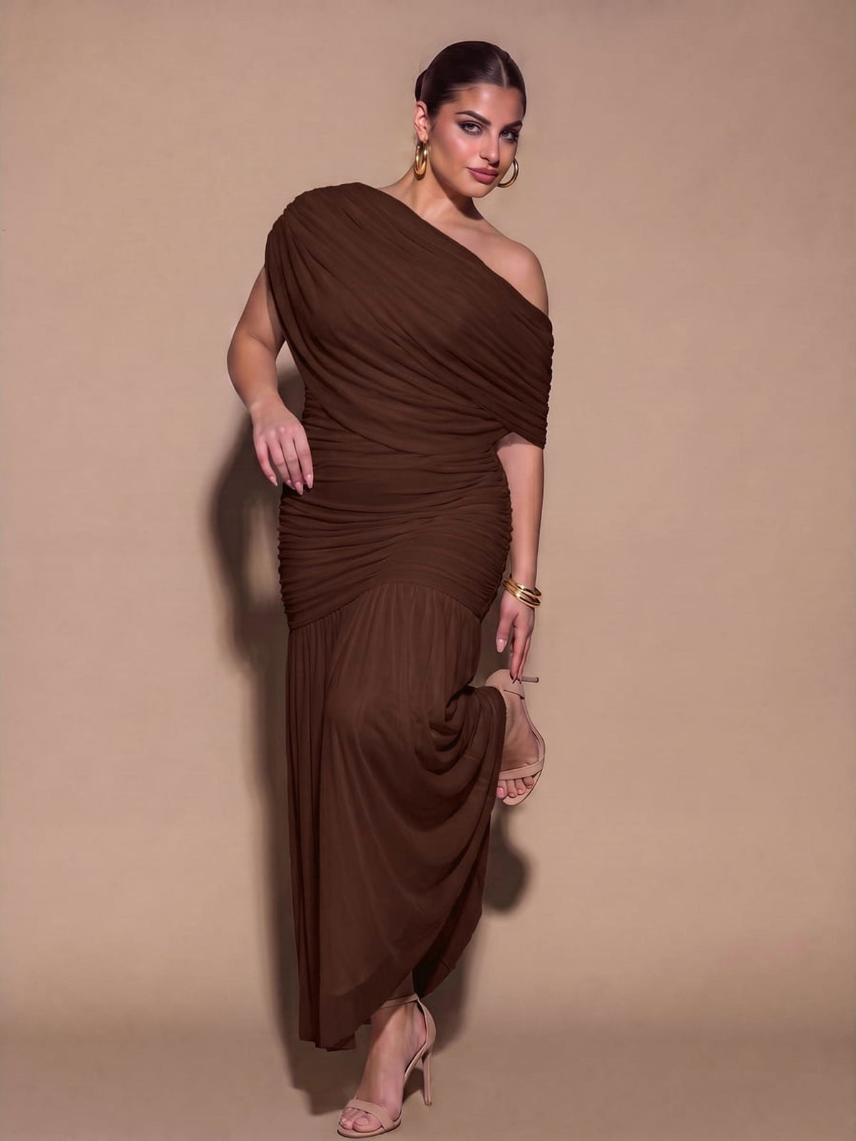 thumbnail image 6 of Womens Coffee Brown One Shoulder Long Dress, Elegant Pleated Party Gown, 6 of 7
