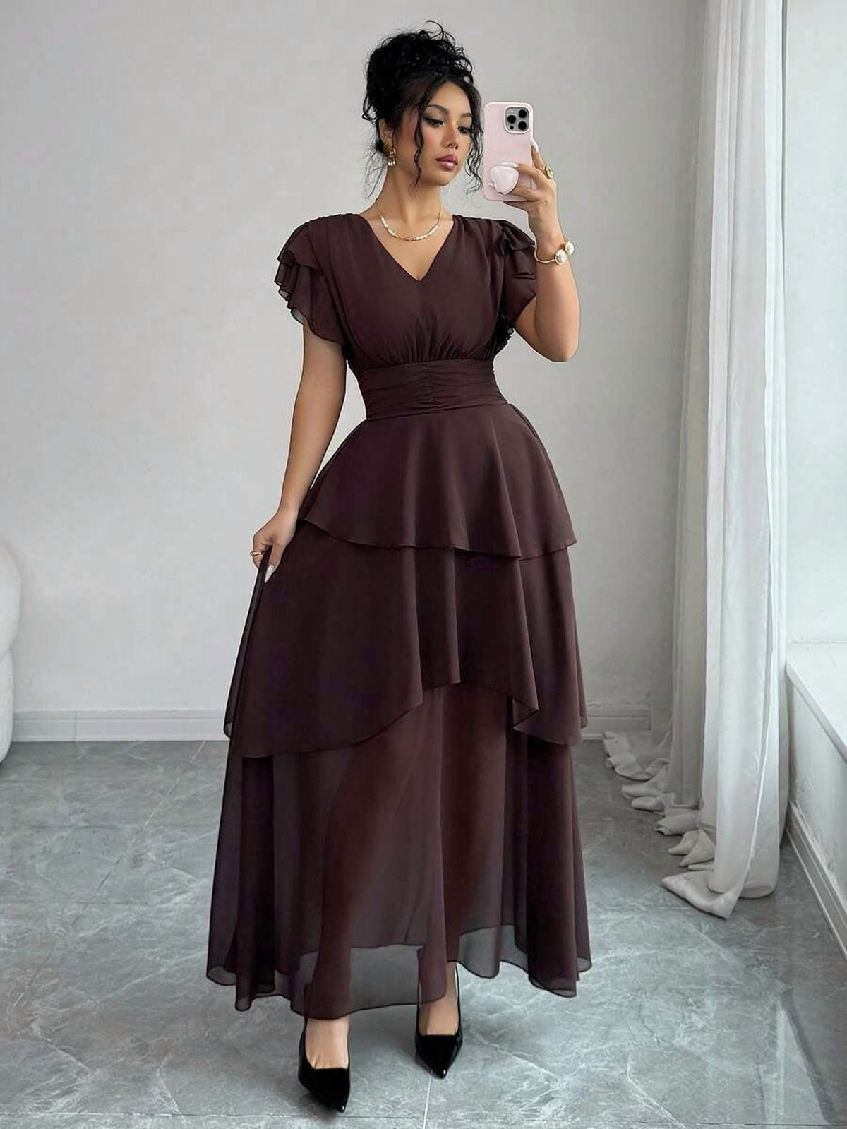 thumbnail image 4 of Womens Brown V-Neck Tiered Ruffle Maxi Dress Flutter Sleeve Asymmetric Hem, 4 of 7