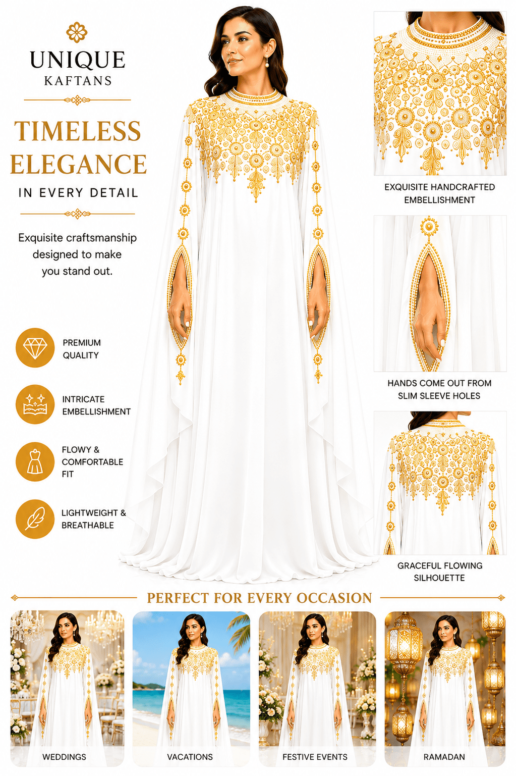thumbnail image 4 of UNIQUE KAFTANS Women's Hand Beaded Georgette Kaftan Dress, Luxury Embellished Maxi Abaya Gown, White, One Size, 4 of 6