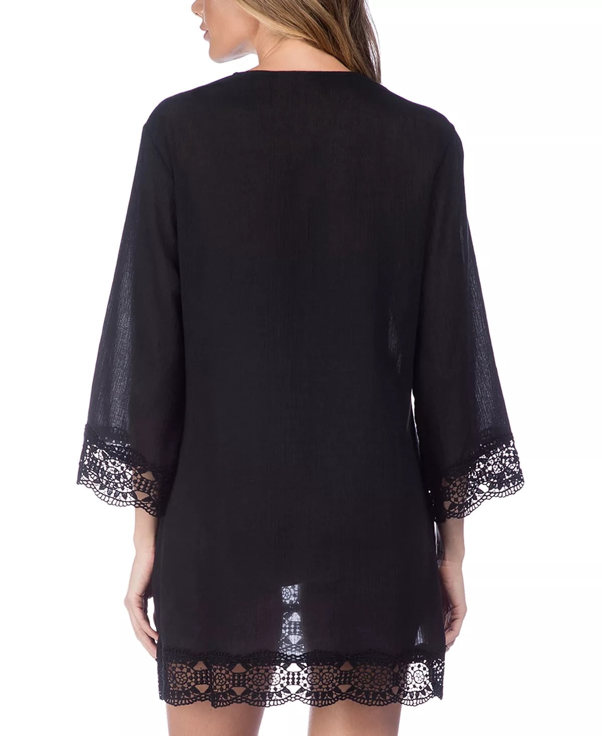 thumbnail image 3 of La Blanca Women's Black Lace V-Neck Tunic Dress Fare Print L NWT, 3 of 4