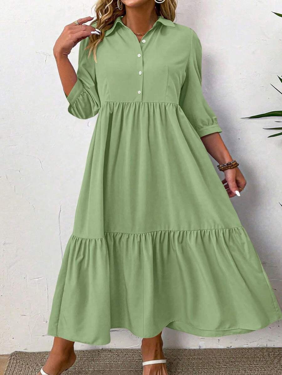 thumbnail image 3 of Plus Size Solid Green Midi Dress with Ruched Front and Button Detail, 3 of 6