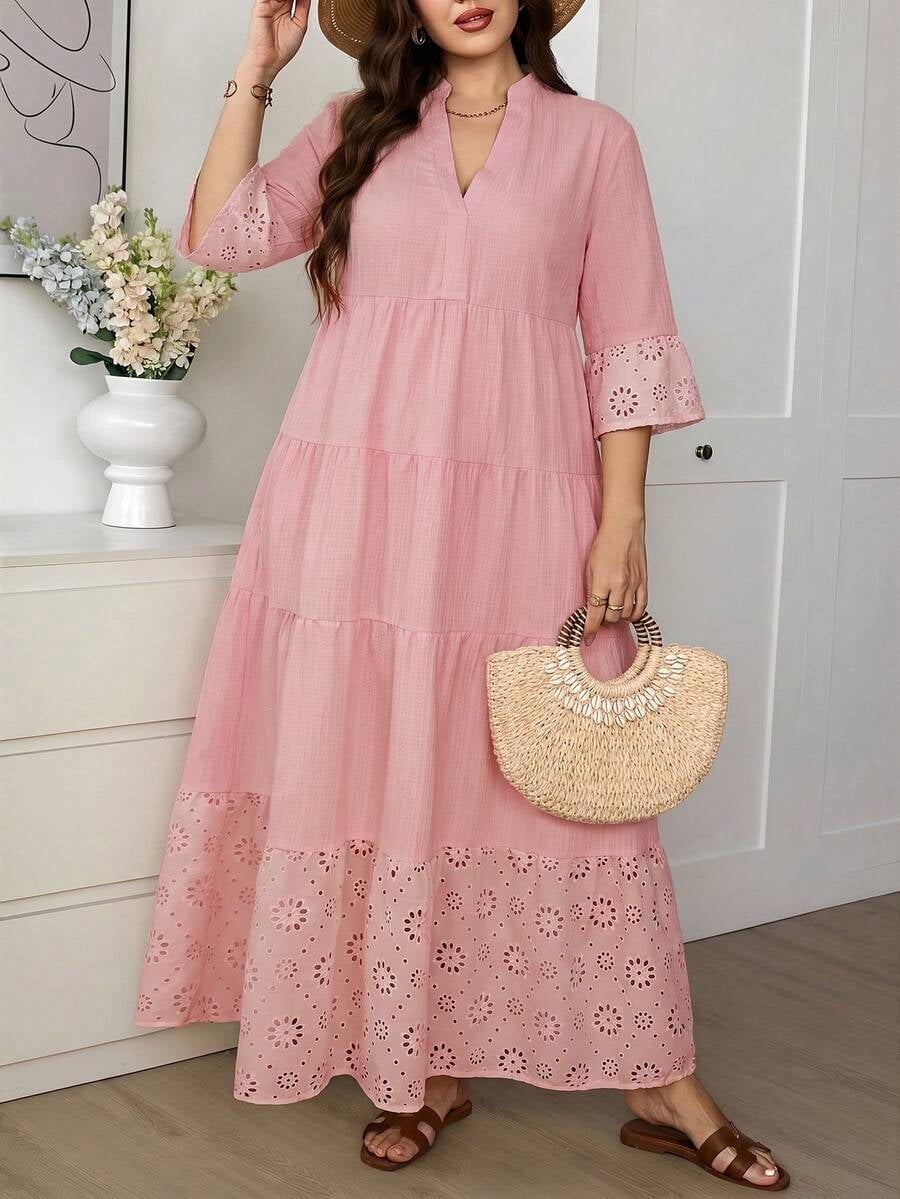 thumbnail image 2 of Women Pink V-Neck Tiered Hollow Embroidery Long Sleeve Maxi Dress, 2 of 6