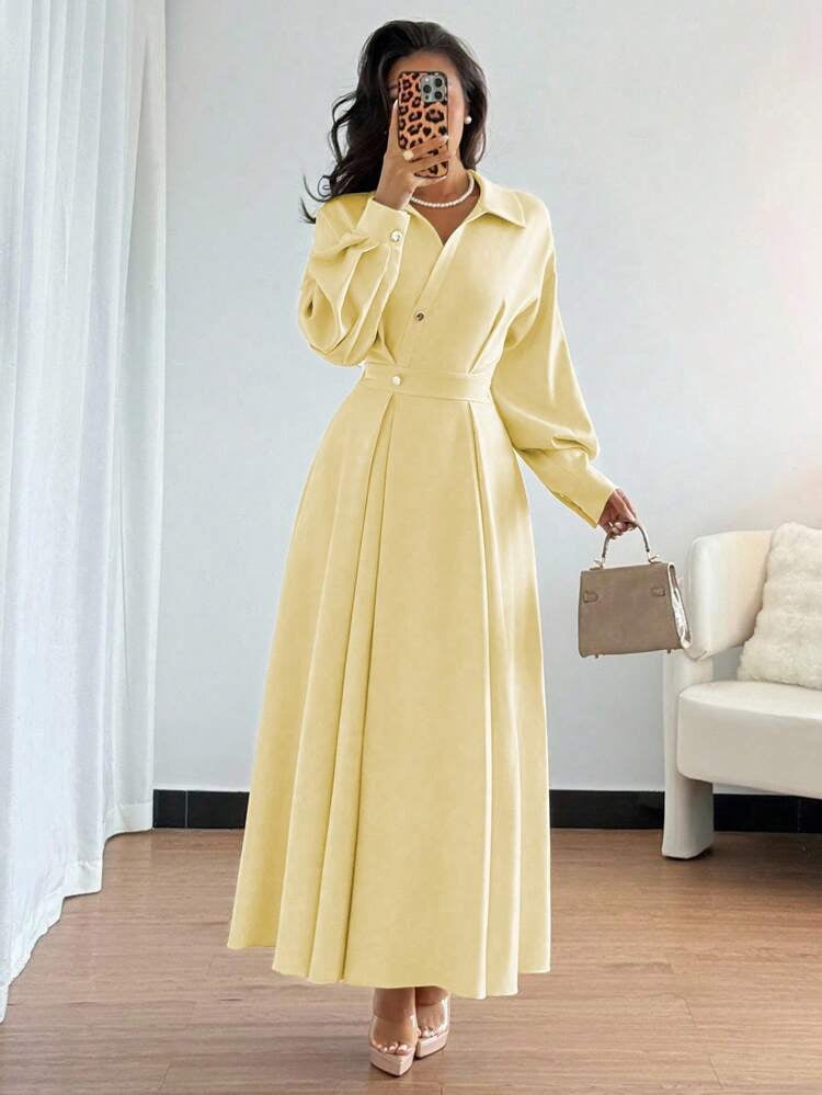 thumbnail image 5 of Yellow Long Sleeve A-Line Vacation Dress with Waist Gathered, 5 of 6