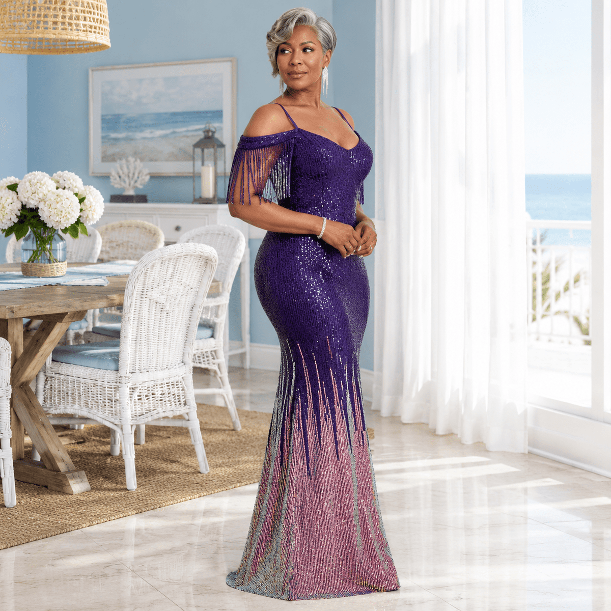 thumbnail image 5 of Women's Purple-pattern 3X-Large Sequin Tassel Off Shoulder Halter Bodycon Formal Evening Gown, 5 of 7