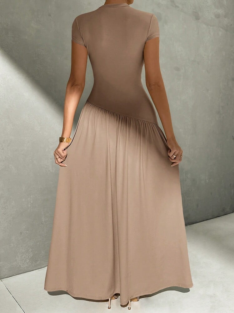 thumbnail image 2 of Khaki Short Sleeve Fitted Stand Collar A-Line Long Dress, 2 of 9