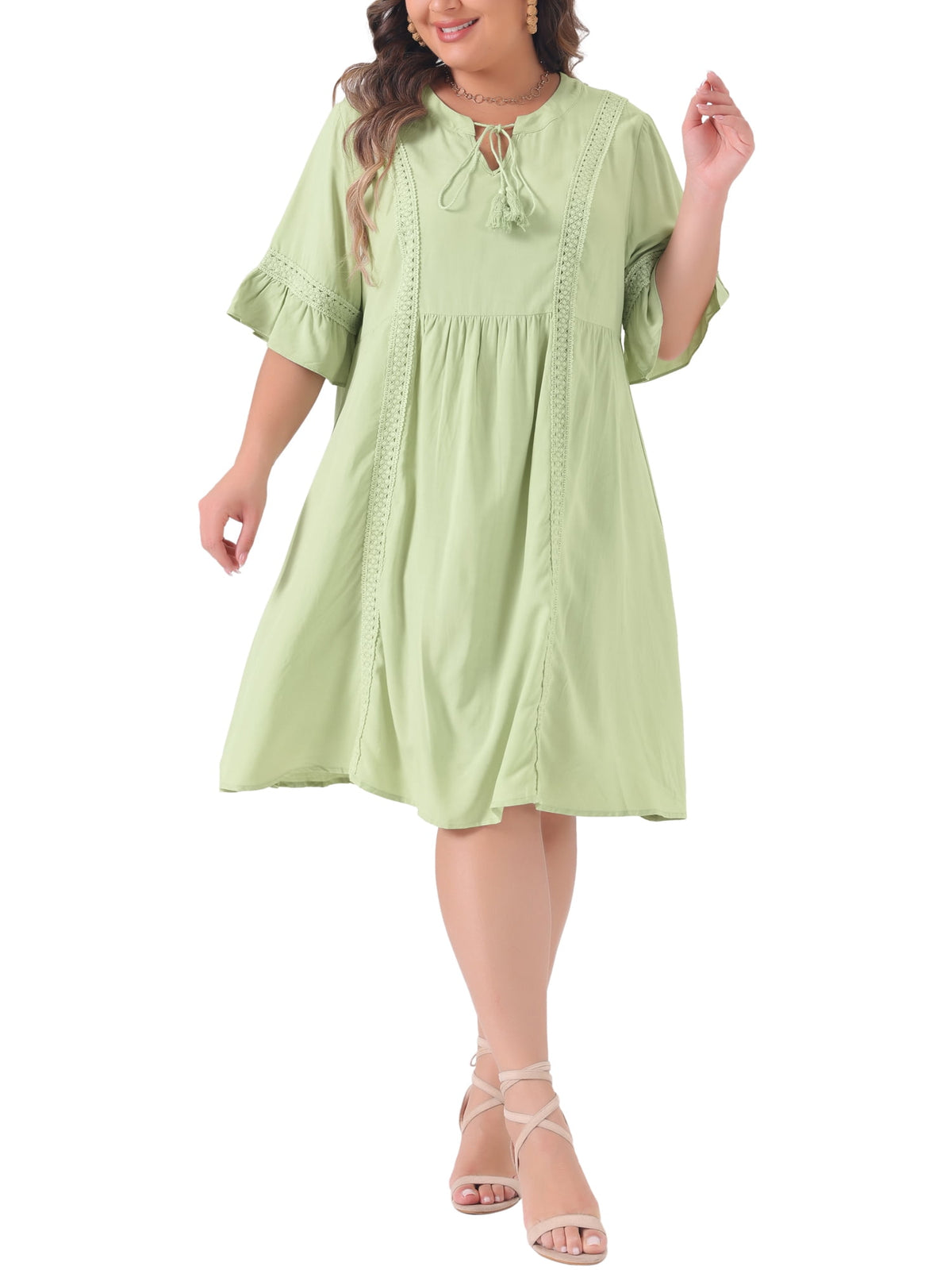 thumbnail image 2 of Agnes Orinda Women's Plus Size Ruffle Sleeve Lace Insert Tassel Bohemian Midi Dress 2X Light Green, 2 of 6
