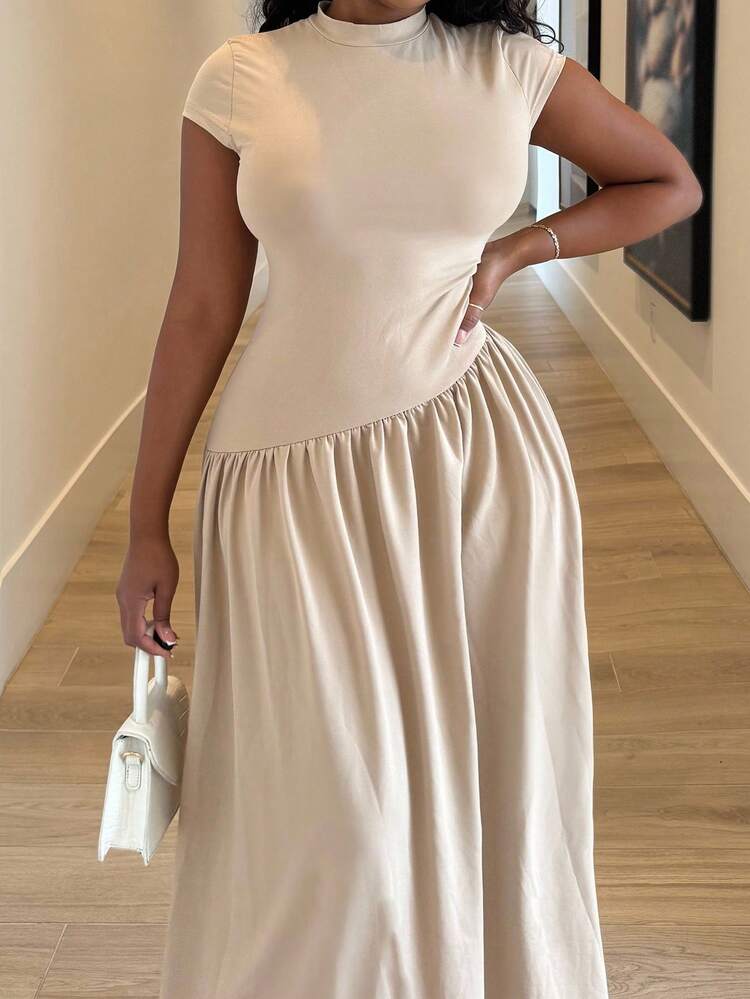 thumbnail image 3 of Khaki Asymmetrical A Line Midi Dress With Stand Collar And Cinch Waist, 3 of 6