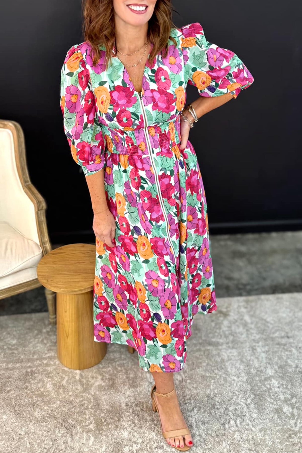 thumbnail image 5 of Women's Floral Midi Dress – V Neck Zip Up Shift Dress with Shirred Waist, Casual Summer Vacation Style, XL, 5 of 12