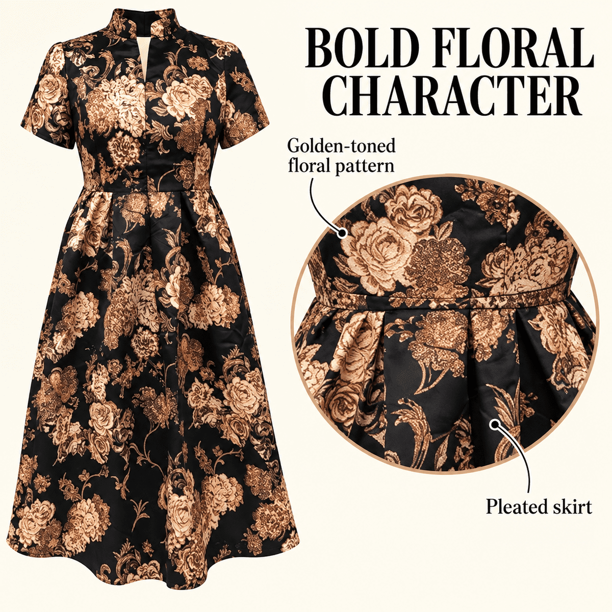 thumbnail image 6 of Women's Vintage Gold Peony Satin Midi Dress Mandarin Collar Short Puff Sleeve Hidden Pockets A-Line Dress, 6 of 6