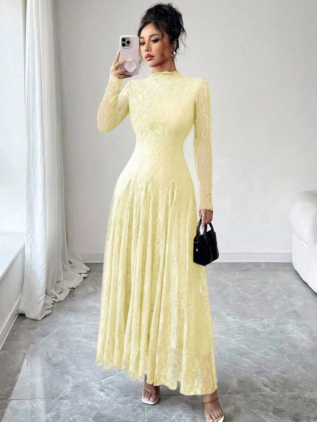 thumbnail image 3 of Light Yellow High Neck Sheer Floral Lace Long Sleeve Maxi Dress, Flowy, 3 of 5