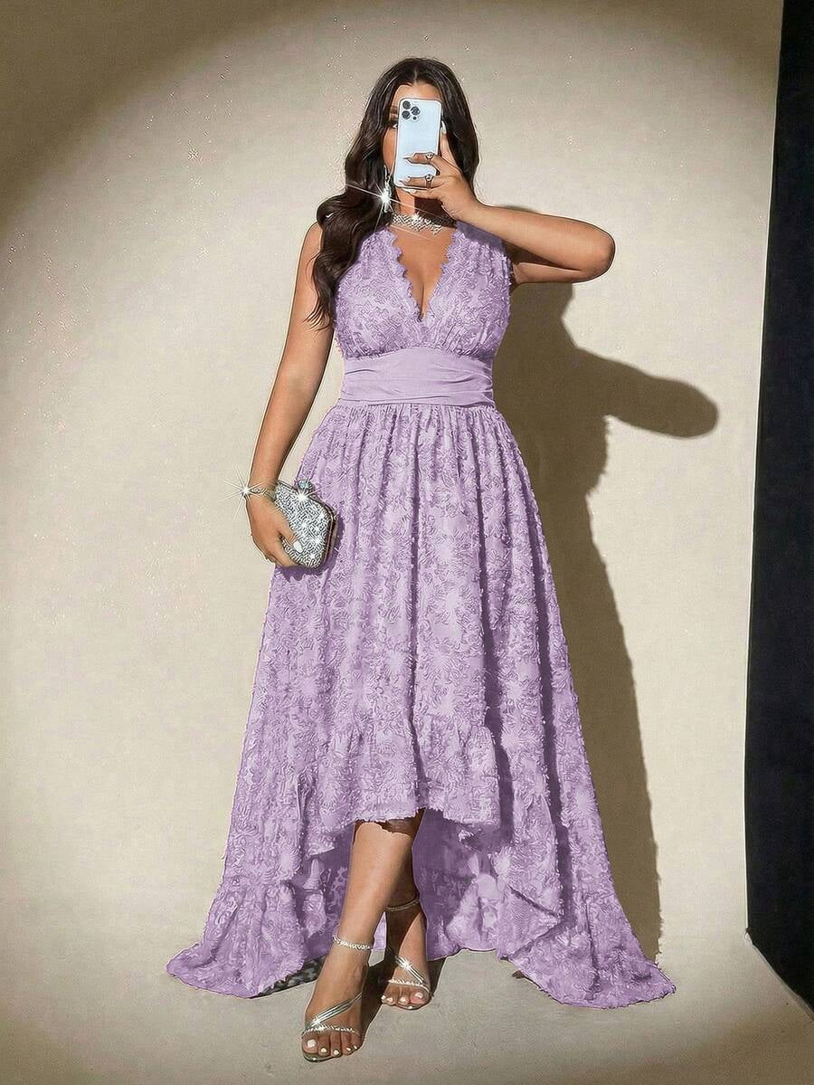 thumbnail image 5 of Plus Size V-Neck Waist Lace Slim Elegant Dress - Purple, 5 of 7
