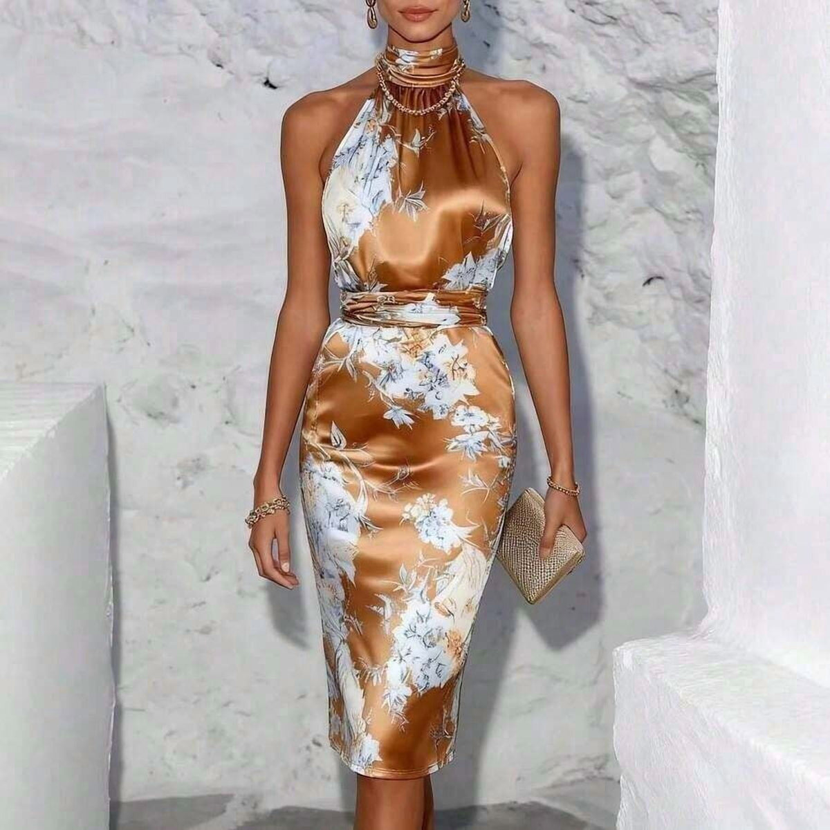 thumbnail image 6 of Floral Print Satin Halter Neck Midi Dress In Bronze Gold, 6 of 7