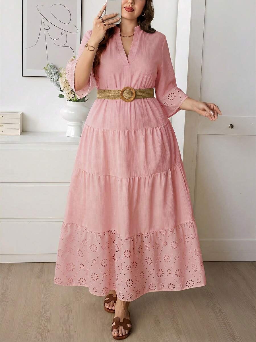thumbnail image 6 of Women Pink V-Neck Tiered Hollow Embroidery Long Sleeve Maxi Dress, 6 of 6